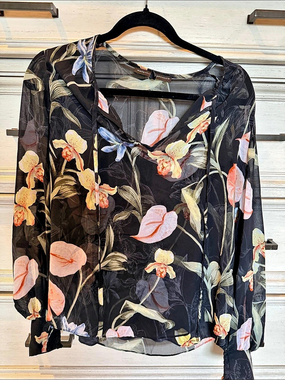 White House Black Market Chiffon Tie-Neck Blouse Black & Pink Small